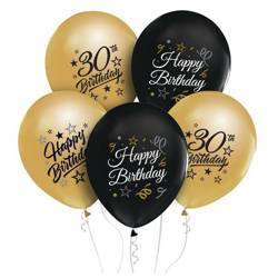 Balony Happy 30th Birthday czarno złote 30cm 5 sztuk GP-ZC30