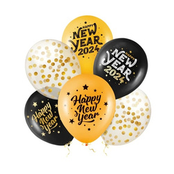 Balony Happy New Year 2024 czarno złote 6 sztuk 130537