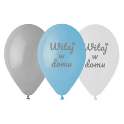 Balony na powitanie dziecka Witaj w domu niebiesko szare 27cm 6 sztuk GS110/WDN