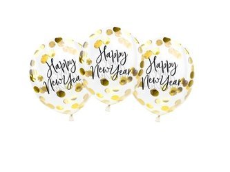 Balony przezroczyste ze złotym konfetti Happy New Year 27cm 3 sztuki BK12-2-019