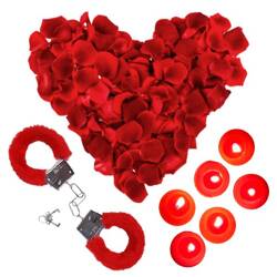 Gadżety na Walentynki płatki róż świeczki kajdanki czerwone zestaw zes-WAL5