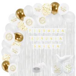 Zestaw dekoracji na Komunię baner balony kurtyna białe złote A53