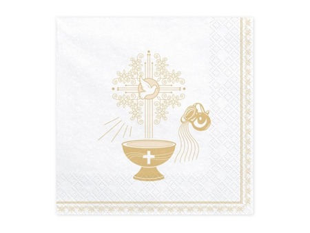 Białe serwetki na Chrzest Święty złote 33cm 20 sztuk SP33-65-019-KOMUNIA