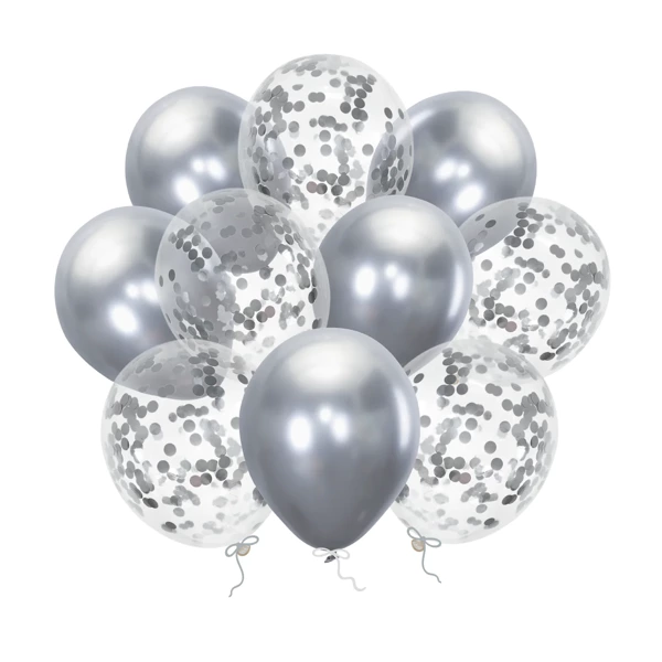 Zestaw balonów srebrny chrom z konfetti 12cali 10szt
