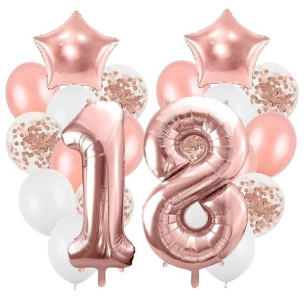 Balony na 18 urodziny różowe złoto 22 sztuki A9