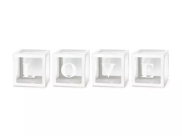 Zestaw białych pudełek na balony z napisem LOVE 30x30cm 4 sztuki PUDBAL2-008