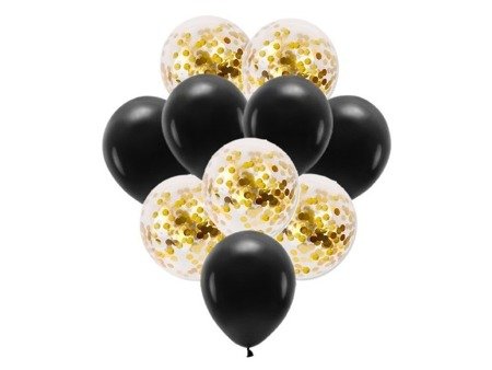 Zestaw balonów czarne i ze złotym konfetti 10 sztuk ZB31