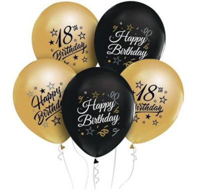 Balony Happy 18th Birthday czarno złote 30cm 5 sztuk