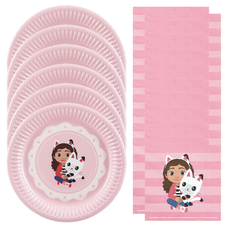 Talerzyki serwetki Koci Domek Gabi urodziny papierowe różowe dla 6 osób zes-GABI5