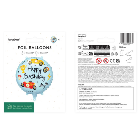 Balon foliowy sportowe auta z napisem Happy Birthday pastylka okrągły 35 cm 1 sztuka FB342