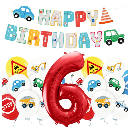 Balony na 6 urodziny Pojazdy Budowa baner Happy Birthday zestaw zes-AUTO19