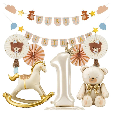 Balony girlanda na Roczek napis First Birthday misie zestaw