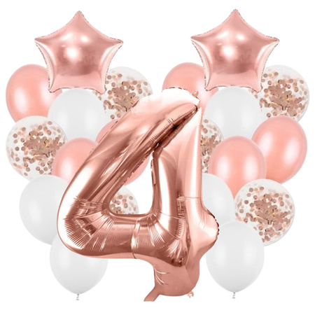 Balony na 4 urodziny różowe złoto zestaw 21 sztuk A24