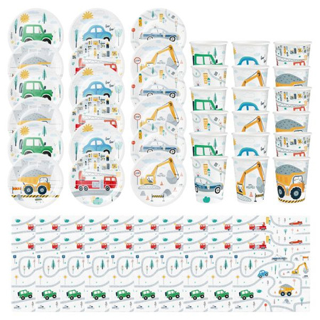 Kubeczki talerzyki serwetki Pojazdy Budowa urodziny zestaw dla 18 osób ZES-AUTO23