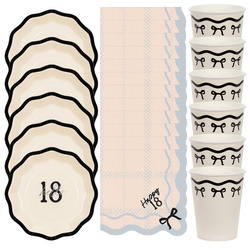 Kubeczki, talerzyki i serwetki na 18 urodziny papierowe kremowe czarne kokardki 6 osób zes-18-11