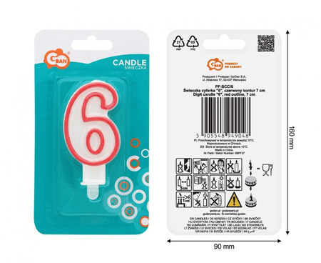 Świeczka na tort cyfra 6 czerwony kontur 8 cm 1 sztuka PF-SCC/6