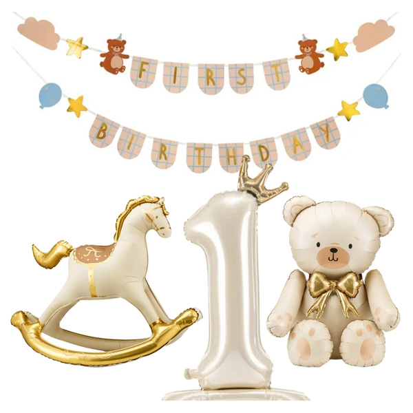 Balony girlanda na Roczek napis First Birthday misie zestaw
