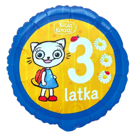 Balon Kicia Kocia 3 latka urodziny okrągły foliowy 36cm Godan 1 sztuka FG-OKK3