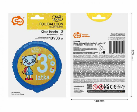 Balon Kicia Kocia 3 latka urodziny okrągły foliowy 36cm Godan 1 sztuka FG-OKK3