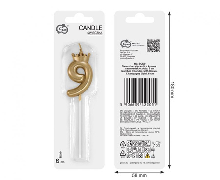 Świeczka na tort cyfra 9 z koroną szampańskie złoto 6 cm 1 sztuka HC-SCK9
