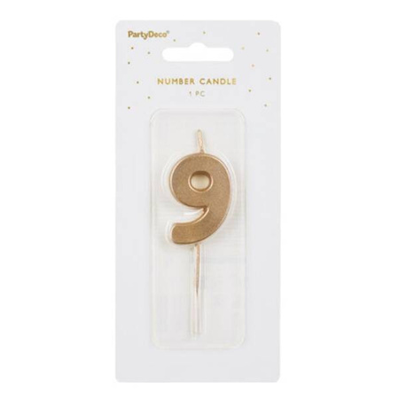 Świeczka na tort cyferka 9 złota urodziny 4,5cm Partydeco 1 sztuka SCU9-9