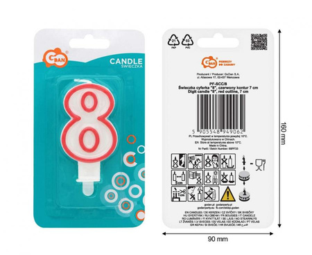 Świeczka na tort cyfra 8 czerwony kontur 8 cm 1 sztuka PF-SCC/8