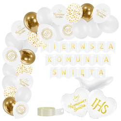 Zestaw dekoracji na Komunię baner balony białe złote A68