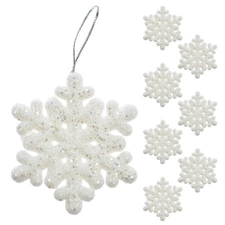 Zawieszki na choinkę śnieżynki białe brokatowe 7cm 8 sztuk BN0332