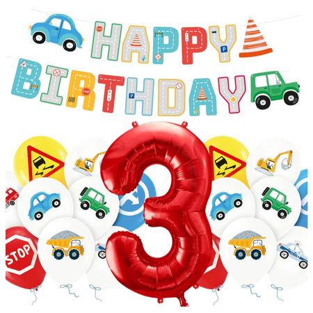Balony na 3 urodziny Pojazdy Budowa baner Happy Birthday zestaw zes-AUTO16