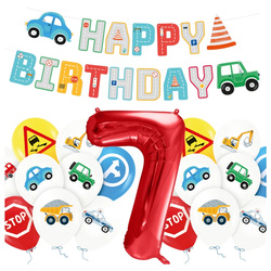 Balony na 7 urodziny Pojazdy Budowa baner Happy Birthday zestaw zes-AUTO20