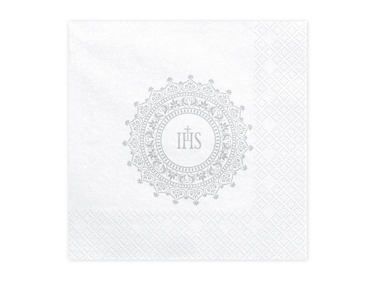 Serwetki komunijne białe IHS srebrny ornament 33x33cm 240 sztuk 12 paczek SP33-63-018-KARTON