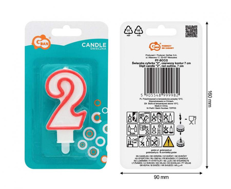Świeczka na tort cyfra 2 czerwony kontur 8 cm 1 sztuka PF-SCC/2