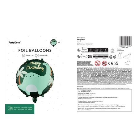 Balon foliowy Dinozaur Brontozaur z napisem Happy Birthday pastylka okrągły 35 cm 1 sztuka FB360