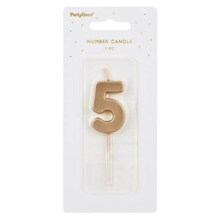 Świeczka na tort cyferka 5 złota urodziny 4,5cm Partydeco 1 sztuka SCU9-5