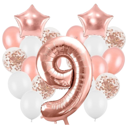 Balony na 9 urodziny różowe złoto zestaw 21 sztuk A29