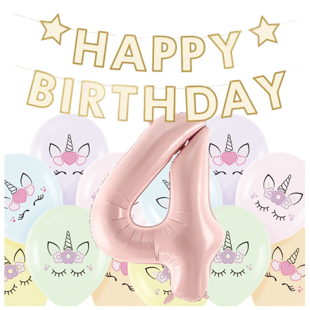 Dekoracje na 4 urodziny Jednorożce baner balony zestaw zes-JED17