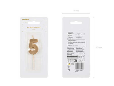 Świeczka na tort cyferka 5 złota urodziny 4,5cm Partydeco 1 sztuka SCU9-5