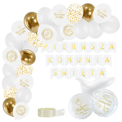 Zestaw dekoracji na Komunię baner balony białe złote A67