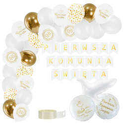 Zestaw dekoracji na Komunię baner balony białe złote A45