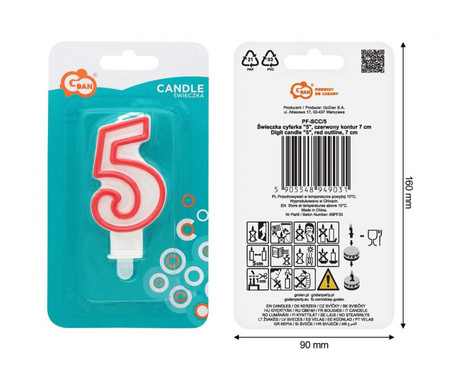 Świeczka na tort cyfra 5 czerwony kontur 8 cm 1 sztuka PF-SCC/5