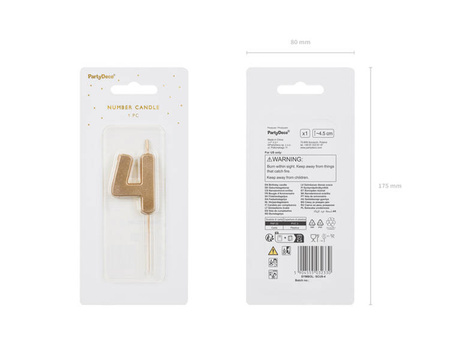 Świeczka na tort cyferka 4 złota urodziny 4,5cm Partydeco 1 sztuka SCU9-4