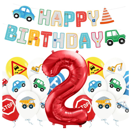 Balony na 2 urodziny Pojazdy Budowa baner Happy Birthday zestaw zes-AUTO15