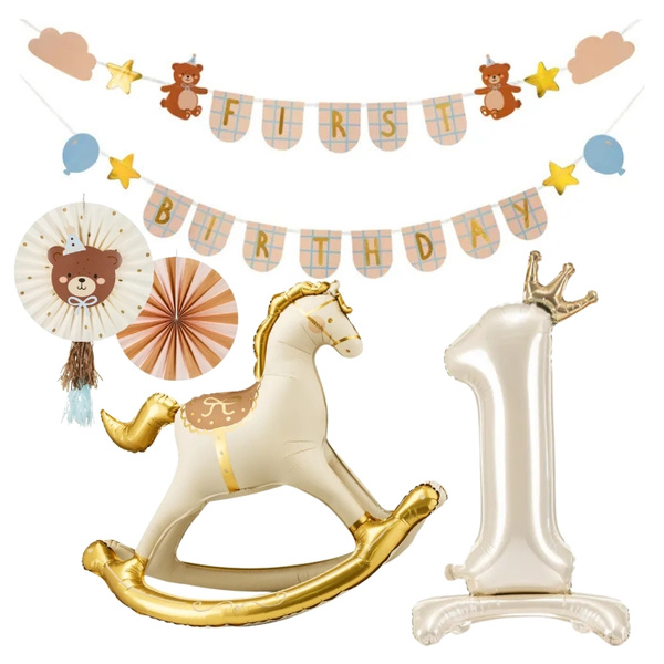 Balony girlanda na Roczek napis First Birthday misie zestaw