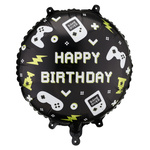 Balon foliowy pady do gier z napisem Happy Birthday pastylka okrągły 35 cm 1 sztuka FB344