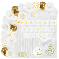 Balony na Komunię baner kurtyna białe złote zestaw A64