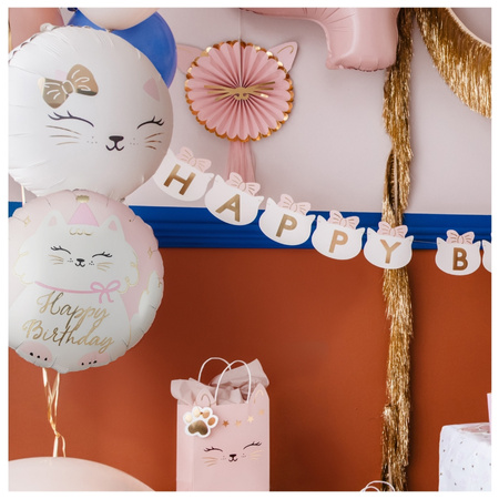 Balon foliowy Kotek z napisem Happy Birthday pastylka okrągły 35 cm 1 sztuka FB361