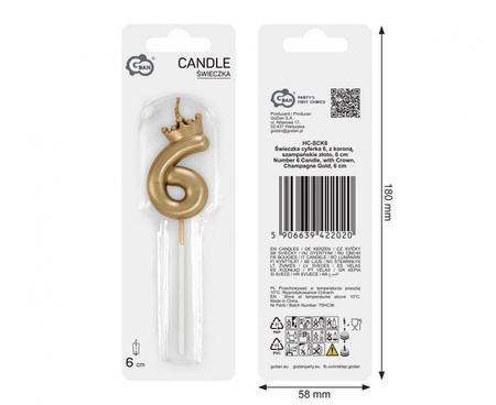 Świeczka na tort cyfra 6 z koroną szampańskie złoto 6 cm 1 sztuka HC-SCK6