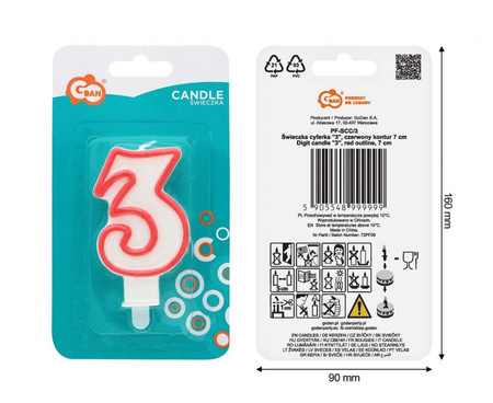 Świeczka na tort cyfra 3 czerwony kontur 8 cm 1 sztuka PF-SCC/3