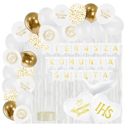 Balony na Komunię baner kurtyna białe złote zestaw A65