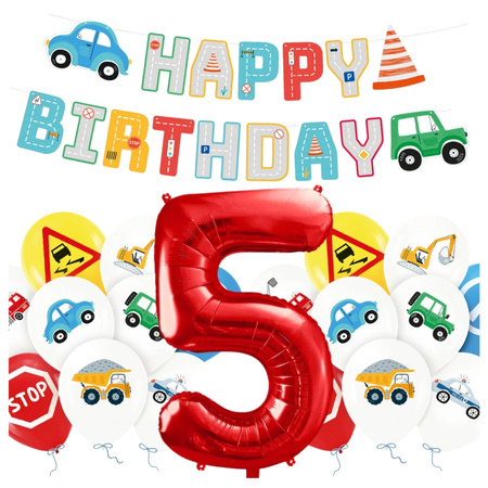Balony na 5 urodziny Pojazdy Budowa baner Happy Birthday zestaw zes-AUTO18